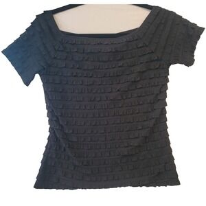 Frank Lyman Shirt Womens 4 Black Ruffle Textured Stretch Short Sleeve Top Design